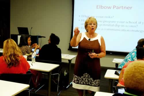 Susan A. Gendron conducts a lecture on how NYC administrators can implement the common core standards effectively.