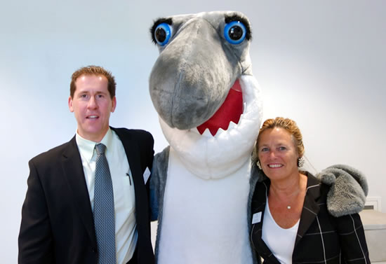 (L-R) Pres. Peter Eden, Mascot Finn, and Trustee Belle O’Brien at Landmark College 